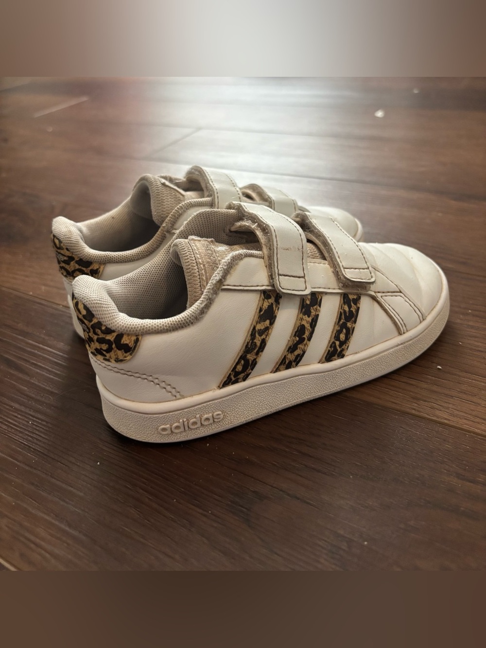 Adidas Toddler Girl Sneakers - White w/ Leopard Print Stripes - Size 10T